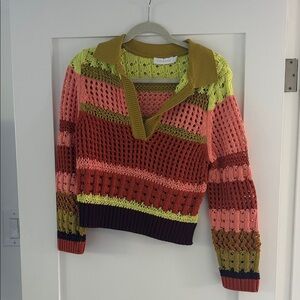 Simkhai Multicolor Open-Knit Crochet Collared Women's Sweater - Pink & Lime